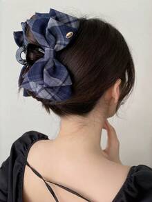 1个复古格子撞色蝴蝶结装饰发夹，女士经典复古布艺发卡，秋冬格子爪夹，女士发爪发夹，冬季发饰 - 藏青色 - 查看 7