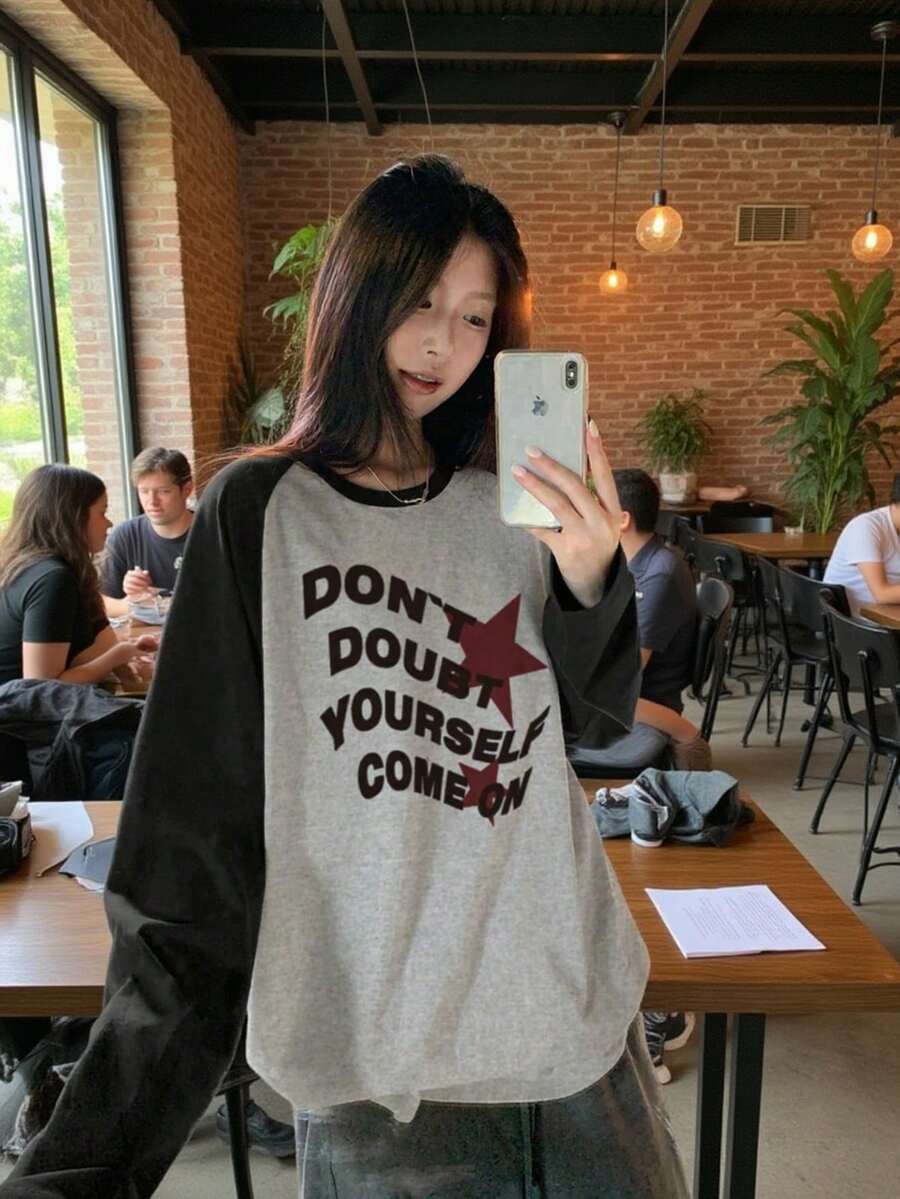 女士春秋新款休闲圆领棉质拼布印花长袖T恤 - 深花灰 - 查看 1