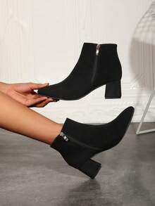 Women's Fashion Elegant High Heel Boots - Casual Comfortable Style, Korean Fashion, Retro Design, Daily Commute, Versatile Casual, Simple Patchwork, Side Zipper, Imitation Knit, Stylish Boots, Chunky Heel Short Boots, High Heel Boots, Suitable For All Seasons