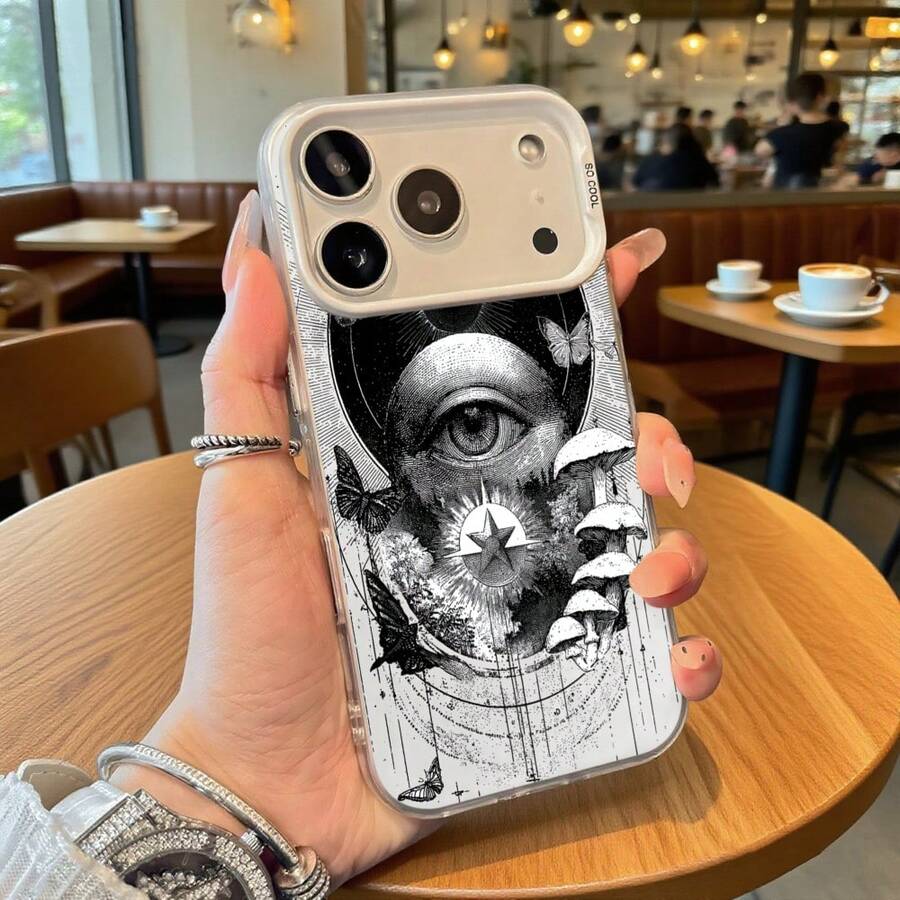 Funda de Teléfono Patrón de Ojos Blancos y Hongos con Estrellas y Mariposas para iPhone 14 15 Pro Max Galaxy S23 S24 Plus Ajuste Universal para Todas las Estaciones Opción de Regalo Ideal - Plateado - Ver 1