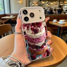Funda de Teléfono Diseño Transparente de Pastel de Cereza para iPhone 14 13 12 11 Pro Max y  Galaxy S23 S22 S21 S20 Opción de Regalo Ideal para Todas las Temporadas - Plateado - Ver 1