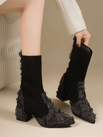 Grey Suede Pointed Toe High Heel Boots, Outdoor Party Chunky Heel Elastic Ankle Boots, Elegant Closed Toe Winter Boots