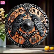 CIFbuy Viking Shield Metal Wall Art - 8 Inch Round Norse Decor With Celtic Knot & Raven Design, Durable Medieval Decor For Home, Bar, G - 彩色 - 查看 9