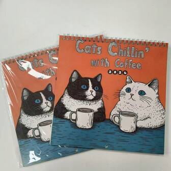 1 Pc 2026 Cat Cafe Calendar(8.5in*8.5in), 12 Months Artwork Design, Llustrations And Artwork Inspired Design, Perfect For Hanging Decoration, Home Office, Personal And Professional Scheduler, Wall Calendar, Planning Tool, Minimalist Design, Spiral Binding Design,Halloween, Halloween Gifts, Christmas, Christmas Gifts, Thanksgiving, Birthday Gifts, Valentine's Day, Wedding Gifts,Back To School Season, Graduation Season