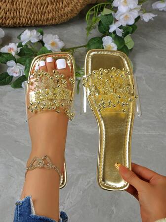 饰有闪亮珍珠的女鞋，休闲鞋，平底凉鞋，轻便沙滩凉鞋