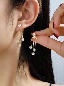 1 Pair Fashionable Luxury Rhinestone Tassel Earrings, Elegant & Versatile For Daily Wear - Gold - View 6