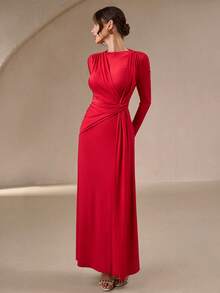 Women's Elegant & Gentle Round Neck Long Evening Dress - With Tie Waist Belt, Suitable For Party Dress, Formal Dinner And Romantic Valentine's Day New Year Wear - Red - View 4