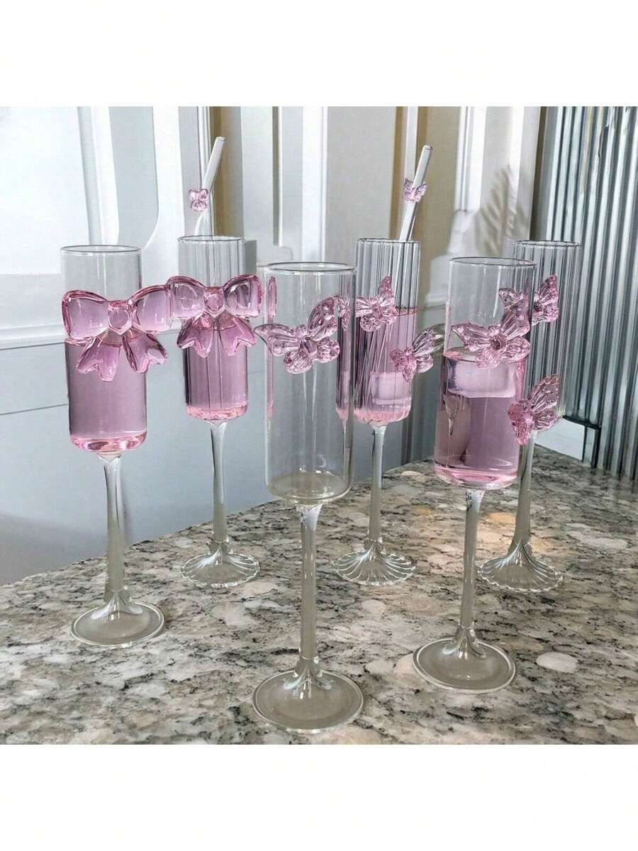 1个香槟杯，带有3D蝴蝶图案，粉色蝴蝶设计，适合家庭酒吧、婚礼、新娘送礼会、单身派对等场合。圣诞节礼物、情人节礼物。 - 彩色 - 查看 1