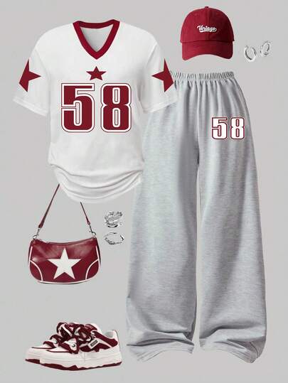 Conjunto de top de manga corta y pantalones con estampado numérico para niñas