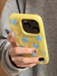 Étui de téléphone à motif d'étoiles et de grille bleue Y2K avec motif froissé, compatible avec 17 Pro Max, 17 Pro, 17 Air, 16 Pro Max, 14, 15 Pro, 16 Plus, 13, 12, 11. Coque souple. - Jaune citron - Voir 2