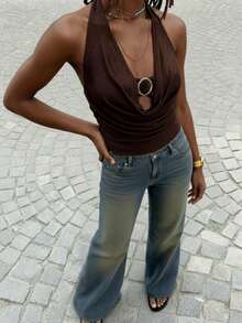 Da Jade Women's Brown Ring Detail Ruched Slim Fit Cropped Tank Top - Sexy Daily Outfit