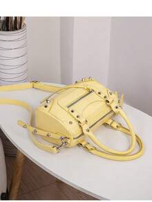 1pc Fashionable Coffee Color Patchwork Rivet, Embedded Metal Rivet, Embedded Dual Handle Adjustable Long Shoulder Strap Design, Fashionable Retro Sweet Cool Style Motorcycle Bag, Women's Handbag, Casual Low-Key Luxury Style, Women's Crossbody Bag, Suitable For Daily Outings And Shopping - Yellow - View 2