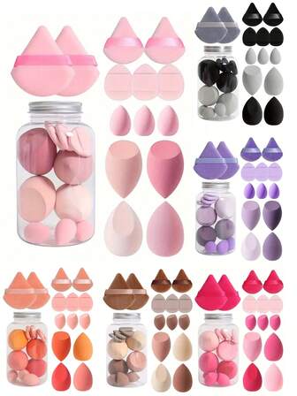 14-delars sminksvampset med förvaringsbehållare, inklusive 2 triangulära puderpuffar och 2 mini triangulära puderpuffar och 3 mini luftkuddepuderpuffar och 4 skönhetsägg och 3 mini skönhetsägg, tillverkade av supermjuk sammet, ögon- och hörndesign, flerfärgad sminksvamp, foundationblandande skönhetssvamp, torr och våt foundationkräm med dubbel funktion, lämplig för alla hudtyper, billigt, presenter, smink, sminkverktyg, billiga saker, presenter, presenter till kvinnor, julklappar