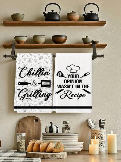 2 Pcs White Kitchen Towel Kitchenware Pattern Hand Towel Farmhouse Dining Room Bathroom Decoration Dish Towel