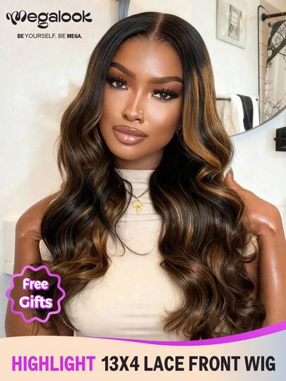 MEGALOOK #30 Highlight 13x4 Lace Front Wig, Natural Wave Curly, Invisible Knots, Transparent Lace Front Wig, 16-30 Inches, Pre-Plucked, 1B/30 Color Human Hair Wig, Breathable Cap, 100% Virgin Human Hair, With Baby Hair, Hand-Tied, Lightweight Cap, All-Day Comfort, Minimal Shedding, Suitable For Daily Wear