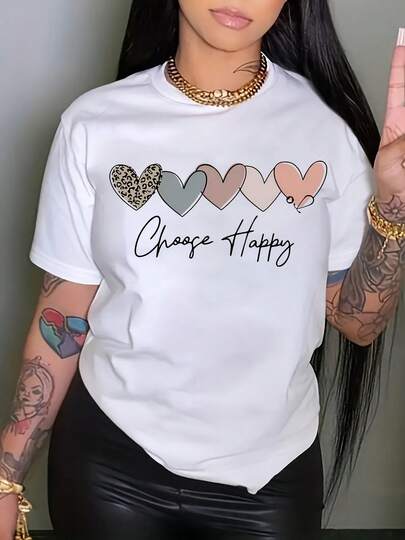 [On-Site Promotion]Women's Cotton T-Shirt With Colorful Heart Chain Letter Print, Round Neck, Straight Shoulders, And Short Sleeves