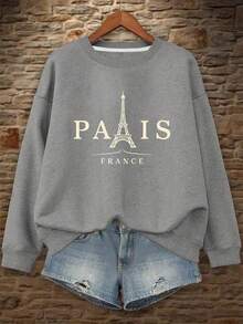 2025Women's Plus Size Paris Eiffel Tower Graphic Sweatshirt - Heather Gray Casual Long Sleeve Round Neck Pullover, Machine Washable Autumn Winter French-Inspired Top, Everyday Comfort Apparel |   Opaque MaterialSoft And Breathable - 灰色 - 查看 12