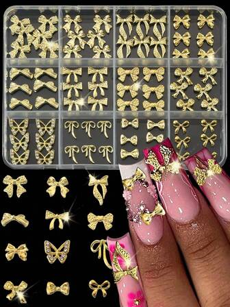 72 st Y2K-stil gyllene legering band rosett nageldekorationer set, lyxiga mode japanska prinsessor 3D nagelsmycken tillbehör, luktfri DIY handgjord nageldekor, nagelstenar, strass och dekorationer