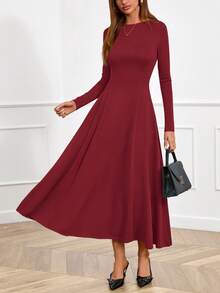 Women Fall Dresses Boat Neck Long Sleeve High Waist A-Line Flowy Knit Party Maxi Dress Spring Autumn Evening Formal Wedding Party Valentine Long Dress Outfits - 酒紅色 - 查看 2