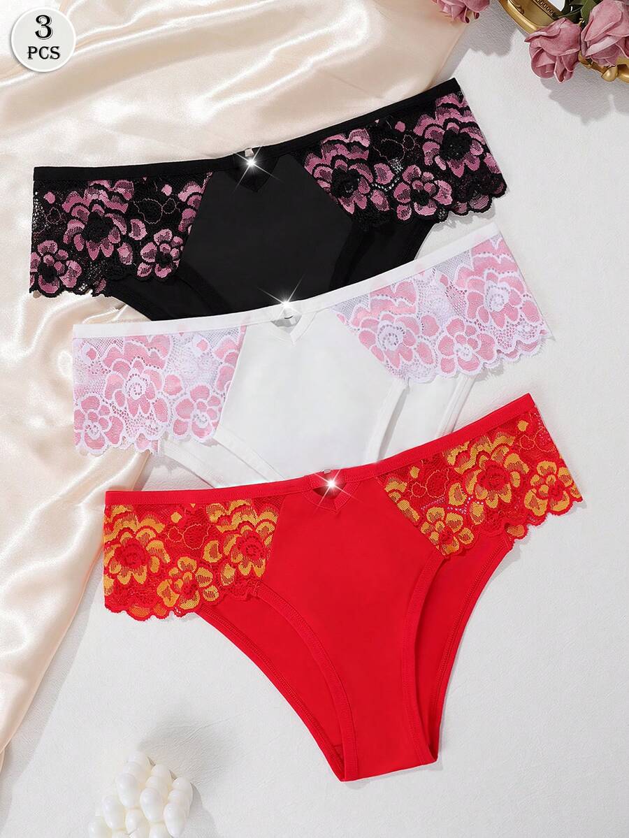 3pcs Floral Embroidery Lace Patchwork Comfortable Elegant Panties - 彩色 - 查看 1
