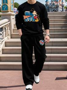 Disney طقم تيشيرت بأكمام طويلة وبنطال فضفاض واسع، مميز بتصميم ألوان سادة وطباعة رسومات خياطة، طراز كاجوال مناسب للارتداء اليومي والجري وغيرها من المناسبات، متعدد الاستخدامات للربيع والخريف - الأسود - مشاهدة 11