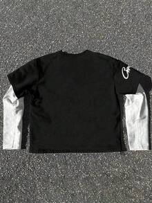 Men's Black & White Patchwork American Letter Graphic Print Round Neck Long Sleeve 2 In 1 T-Shirt, Casual, Streetwear, Commuter - Multicolor - View 2