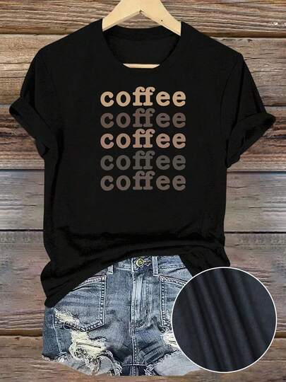 Camiseta Casual de Manga Corta para Mujer - 100% Algodón, Corte Relajado con Estampado Vertical COFFEE, Negra y Marrón, Ideal para Primavera y Verano, Lavable a Máquina, Ropa Cómoda Diaria, Camiseta Divertida, Diseño Juguetón, Duradera