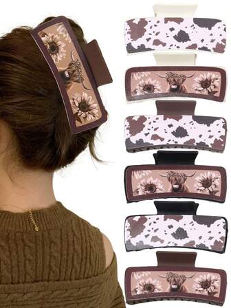 6pcs Vintage High-End Cow Head Sunflower Cow Print Leather Square Hair Clips, Personalized Hair Claw For Bun, Ponytail, Everyday, Commute, Shopping, Party, Travel, Theme Events, Afternoon Tea, Versatile Hair Accessories, Ideal Gift For Valentine's Day, Thanksgiving, New Year, Birthday Fashion Hair Clutch