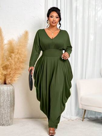 BIUBIU Dam Plusstorlekar Höst- och vinterbyxor Casual Eleganta V-ringade Långärmade Lösa Byxor med Vida Ben, Högelastisk Stickad Grön Jumpsuit, Lämplig för Hem/Fritid/Nyår/Halloween