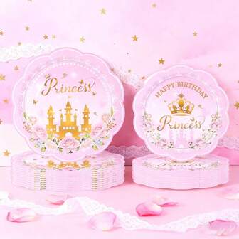 10个/20个/40个/50个，粉色公主城堡扇形边纸盘套装，一次性女孩生日派对餐具用品，粉色花卉金色城堡童话7英寸和9英寸纸盘，适用于女孩生日、婴儿派对和欢迎派对。
