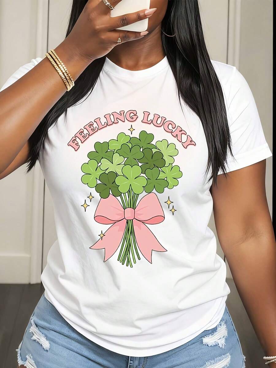 Women's Casual T-Shirt Feeling Lucky Clover Bouquet With Pink Bow St Patrick Day Festival Party Outfit - 白色 - 查看 1