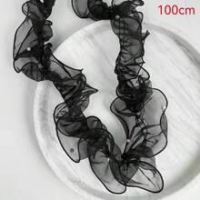 1卷/1米 12厘米 密褶珠饰薄纱蕾丝缎带，花艺包装缎带，闪亮珍珠波浪欧根纱缎带 - 黑色 - 查看 10