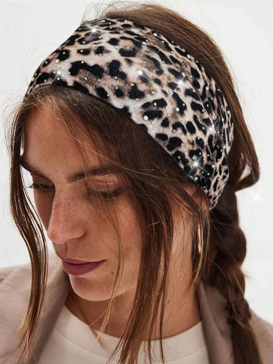 1条豹纹纯色运动瑜伽头带，吸汗弹力发带，男女通用，跑步、健身、发饰，女士发带 - 豹紋 - 查看 1