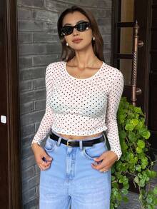 Livesso 女士波点半透明长袖圆领打底衫，春夏款 - 杏色 - 查看 5