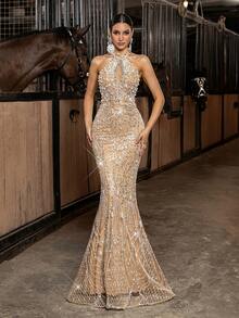 Đầm dạ hội lấp lánh, gợi cảm đính cườm, đầm cocktail dạ hội đính sequin, đầm maxi đuôi cá không tay hở lưng dành cho nữ. - Rượu sâm banh - Xem 4