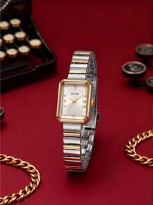 1pc/Set Teenage Simple Mixed Bar Scale Square Dial Steel Band Quartz Watch, Suitable For Birthday Gift, Halloween Gift - White - View 2