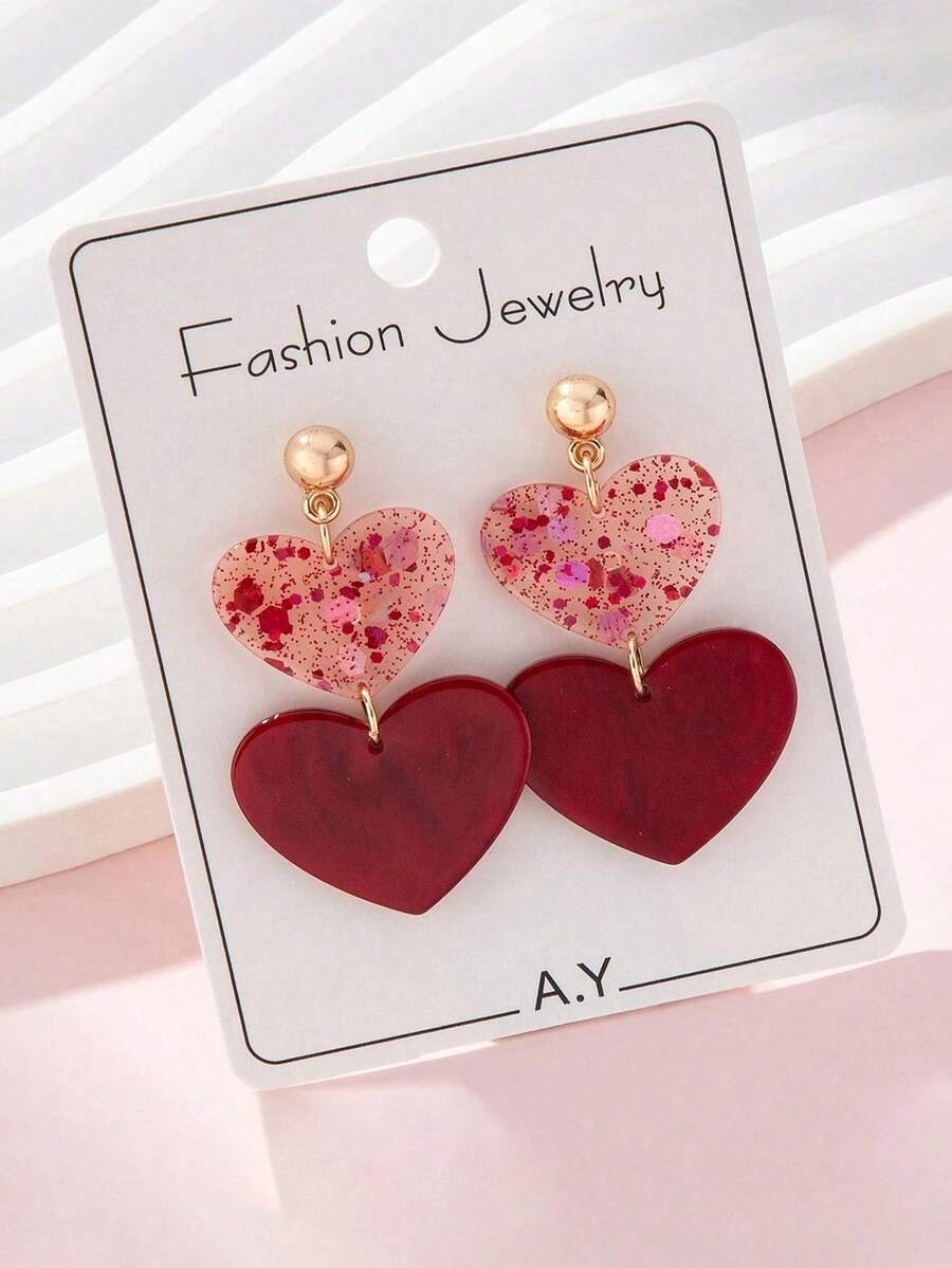 1 Pair Fashionable Acrylic Red Heart Shaped Dangle Earrings, Valentine's Day Gift Accessory (Random Card) - Multicolor - View 1