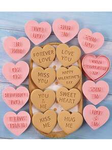 10 pièces Ensemble de découpoirs à biscuits en forme de cœur - Moules à biscuits 3D gaufrés pour la fête des mères, la fête des pères, la Saint-Valentin, Noël, Halloween, Thanksgiving - Outils de cuisson en polypropylène pour gâteaux, fondants - Cadeau de mariage idéal, kit de confection de biscuits de fête | Ensemble de découpoirs à biscuits décoratifs | Designs de découpoirs à biscuits détaillés, fête de la Saint-Valentin, décoration de la maison, cadeaux de la maison - Rose bonbon - Voir 8