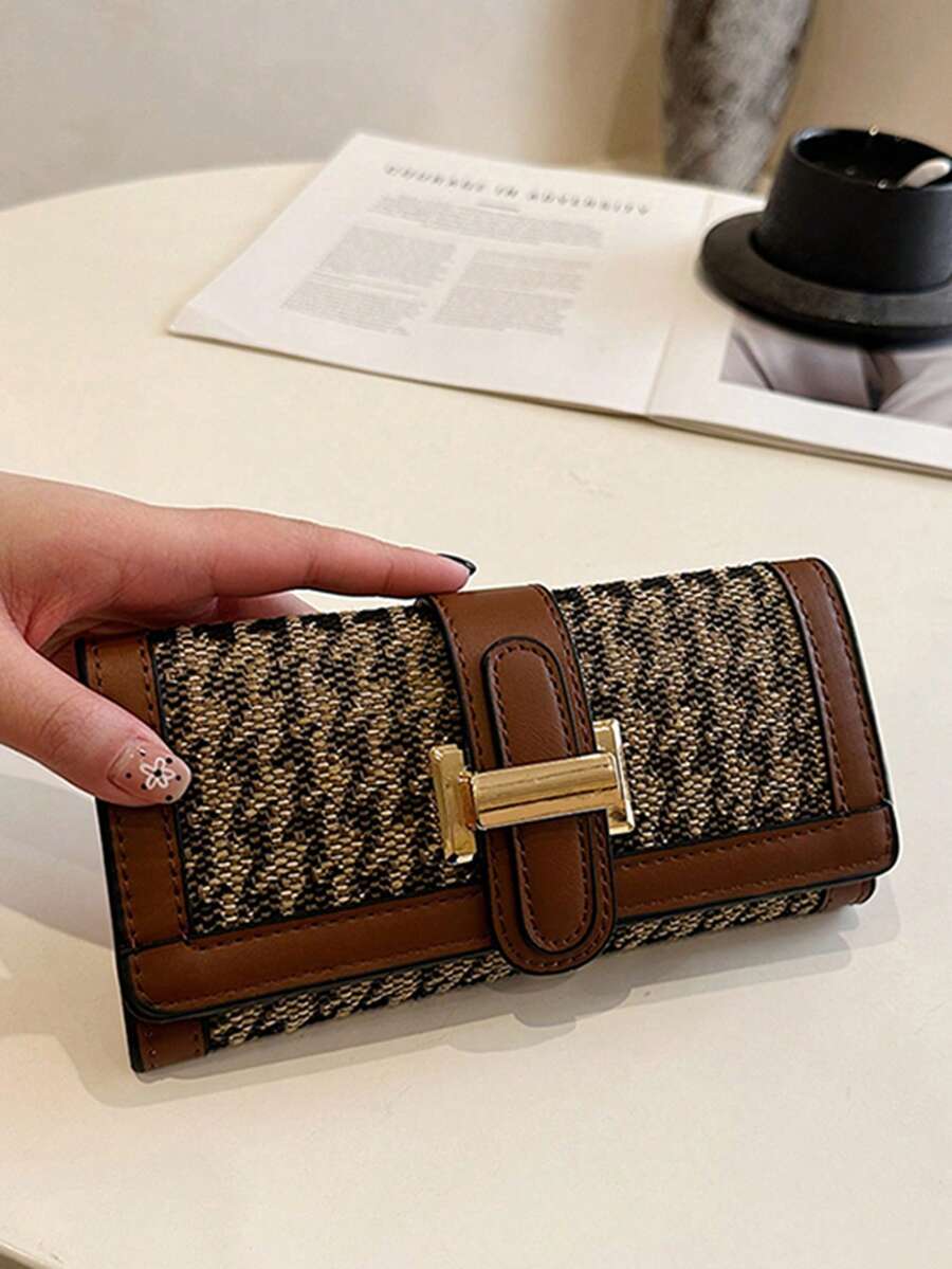 Brown Houndstooth Long Wallet With Flap Classic Retro Tri-Fold Wallet Fashion Clutch Wallet With Card Slots Anti-Theft Credit Card Holder Large Capacity Handbag For Women Wallet Purse Wallet Money Wallet - Brown - View 1