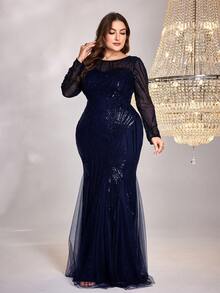 XUIBOL cỡ lớn chất liệu sequin đàn hồi cao cấp, rất thoải mái khi mặc, phù hợp với nhiều kiểu trang phục cơ thể khác nhau, với thiết kế độc đáo, cổ tròn dài tay ôm vừa vặn, viền đuôi cá, màu trơn, váy dài thanh lịch và sang trọng cho phái nữ, giúp phụ nữ trẻ trung và quyến rũ hơn, phù hợp với nhiều bữa tiệc, lễ tốt nghiệp, đám cưới, sự kiện và nhiều tiệc chiêu đãi và tiệc khiêu vũ, váy dạ hội trang trọng dành cho phụ nữ, váy dạ hội, váy phù dâu của mẹ (phong cách thời trang và hợp thời trang năm 2025) váy dự tiệc cưới buổi tối, váy dự tiệc tối - Màu xanh hải quân - Xem 3