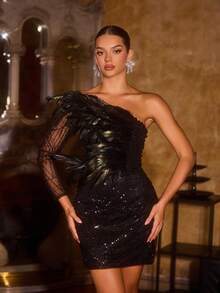 Faeriesty Vestido de noche formal de manga larga con un solo hombro, con adornos de plumas y ajustado al Body, ideal para cenas de gala, ceremonias de premios, bailes benéficos, bodas formales y banquetes corporativos. Atuendo de cumpleaños, atuendos de verano para fiestas elegantes - Negro - Ver 8