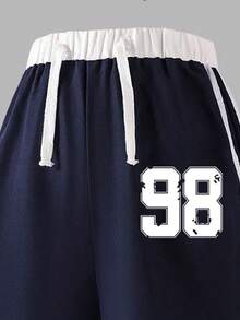 Tween Girls' Numeric Print Asymmetric Shoulder Short Sleeve Top And Pants Set - Royal Blue - View 5