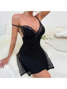 2-Pack Women's Solid Color Lace Pajamas, Lace Panels, Side Slits, Sexy Lace Home Pajamas - 彩色 - 查看 5