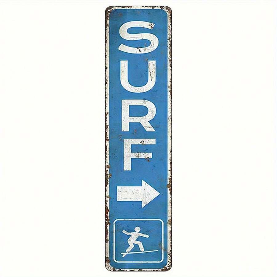 2D Flat, 1pc Vintage Aluminum "SURF" Wall Art Sign - 16x4 Inch Rustic Coastal Metal Decor With Directional Arrow & Surfer Silhouette, Retro Beach House Artwork For Bathroom, Kitchen, Bar, Cafe, No Electricity Needed, 2D Flat - 彩色 - 查看 1
