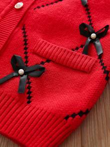 2pcs Girls Bow Decor Knitted Cardigan Sweater & A-Line Skirt Set, Elegant Fashion Cute, Round Neck Long Sleeve Warm Top & Skirt, Collegiate Style, Autumn/Winter - Red - View 6