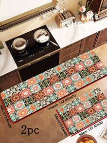 1/2片装硅胶厨房垫，高端田园风格撞色拼接图案，奢华时尚风格，缓冲防疲劳厨房地毯，厚度约3毫米，吸水性强，简约硅胶软橡胶垫，适用于厨房、浴室、玄关、洗衣房、书房、客厅等空间。 - 彩色 - 查看 17