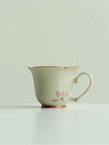 1pc Ceramic Ash Gray Orchid Petal & Heart Shaped Handle Tea Cup, Suitable For Home Tea Drinking, Teahouse, Office Tea Table
