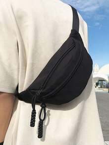 大容量黑色斜挎胸包，尼龙腰包/单肩包，休闲腰包，适合徒步旅行和户外攀岩，可调节肩带多功能腰包，多用途日常单肩包 - 黑色 - 查看 2