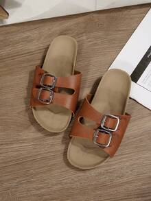 A Pair Of Children's Sandals, 2026 Summer New Style, Fashionable And Versatile, Round-Toed Flat, Anti-Slip, Black, White, Brown, Gold, Orange, Double-Breasted, Beach Outerwear Sandals - Brown - View 2