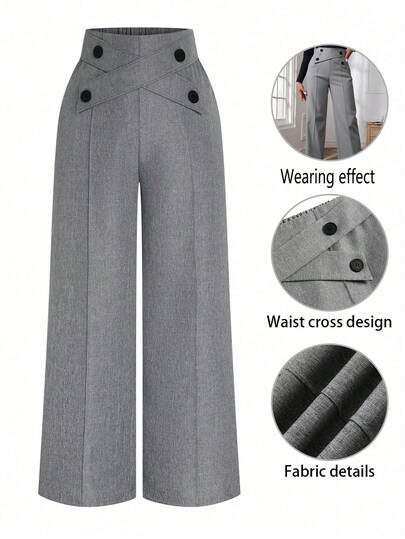 1pc Solid Color Woven Fabric Pocket Button Criss-Cross Strap Business Casual Women's Pants, Fashionable Elegant Criss-Cross Design Women's Trousers, Professional Women's Clothing, Wide-Leg Pants, Suitable For Office, Holiday, School, Home Daily Wear In Spring, Autumn, Winter